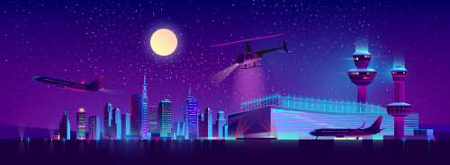 Vector background of night airport with takeoff of the plane and landing of a helicopter. Terminal, 